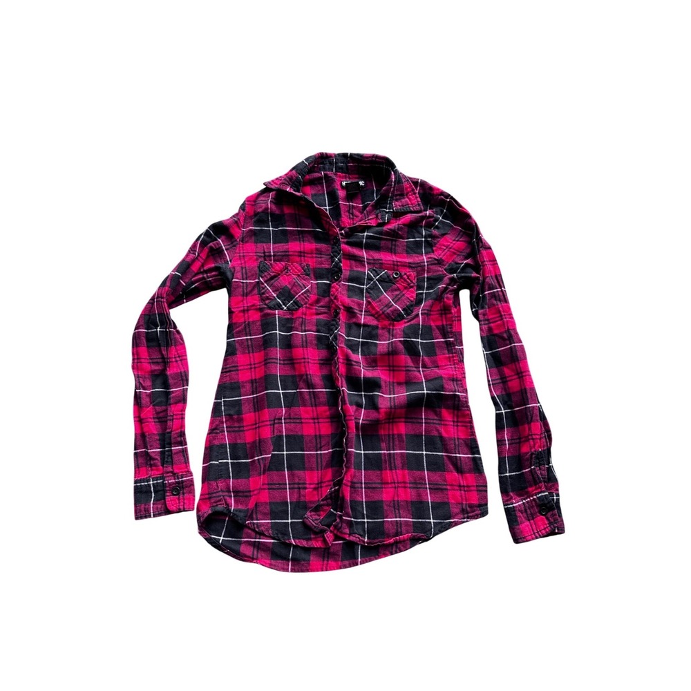 Hot Topic Kids Red Black Plaid Flannel Button Down Shirt Small Cotton Grunge‎